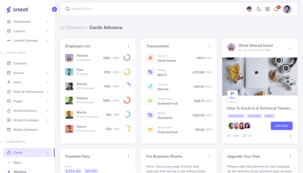 Sneat vuetify vuejs laravel admin template