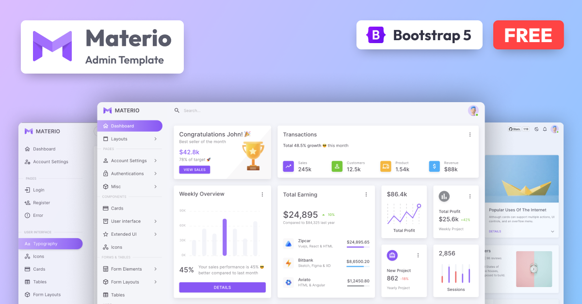 Materio Bootstrap 5 free Dashboard template by Theme Selection